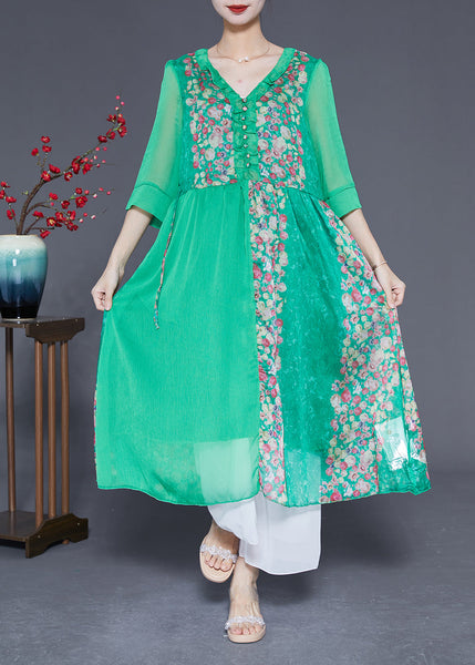 Modern Green V Neck Ruffled Patchwork Print Chiffon Dress Half Sleeve LY1764
