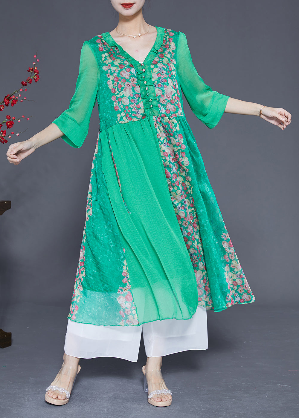 Modern Green V Neck Ruffled Patchwork Print Chiffon Dress Half Sleeve LY1764