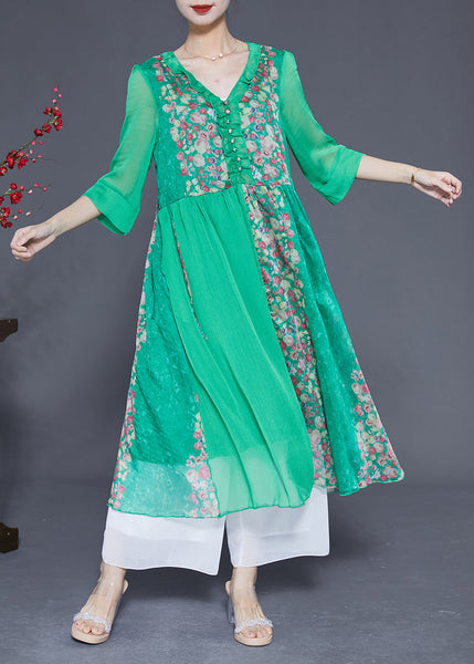 Modern Green V Neck Ruffled Patchwork Print Chiffon Dress Half Sleeve LY1764