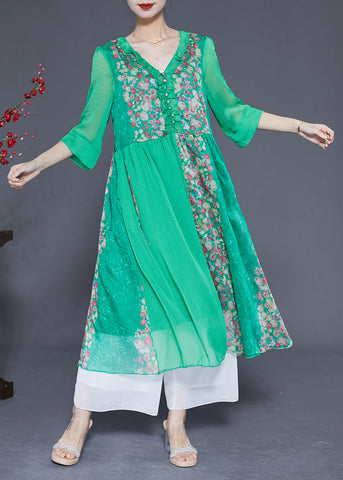 Modern Green V Neck Ruffled Patchwork Print Chiffon Dress Half Sleeve LY1764