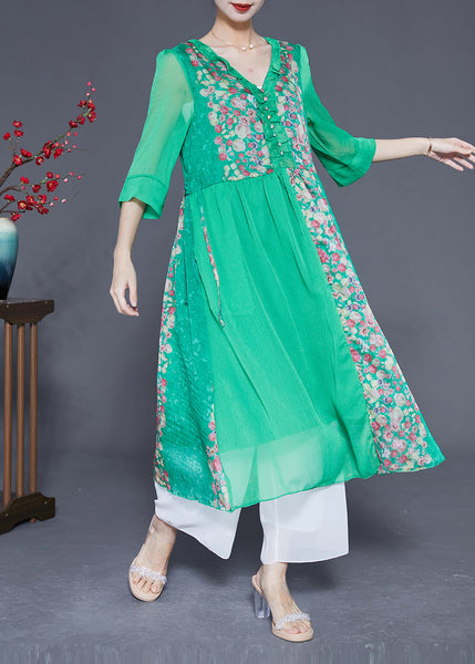 Modern Green V Neck Ruffled Patchwork Print Chiffon Dress Half Sleeve LY1764
