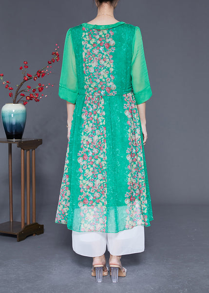 Modern Green V Neck Ruffled Patchwork Print Chiffon Dress Half Sleeve LY1764