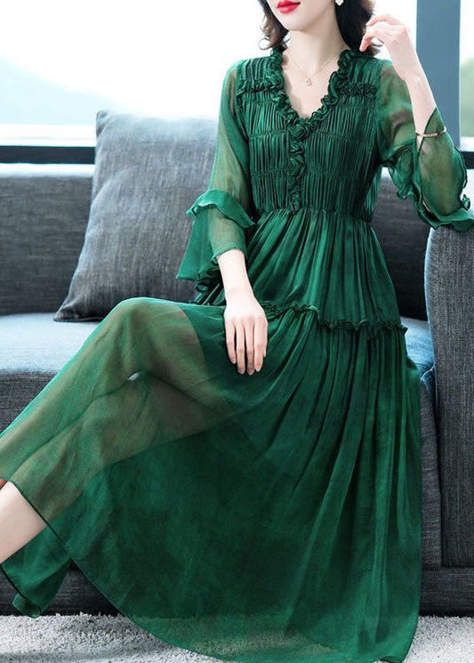 Modern Green V Neck Ruffled Patchwork Silk Dress Summer LC0223