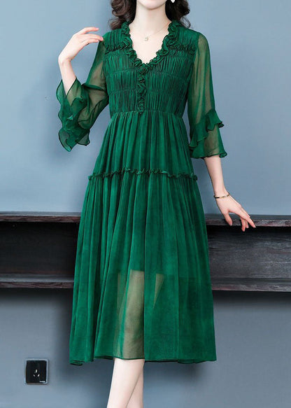 Modern Green V Neck Ruffled Patchwork Silk Dress Summer LC0223