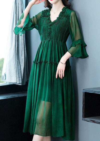 Modern Green V Neck Ruffled Patchwork Silk Dress Summer LC0223