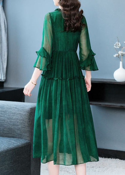 Modern Green V Neck Ruffled Patchwork Silk Dress Summer LC0223