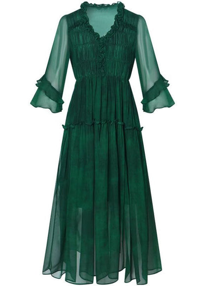 Modern Green V Neck Ruffled Patchwork Silk Dress Summer LC0223