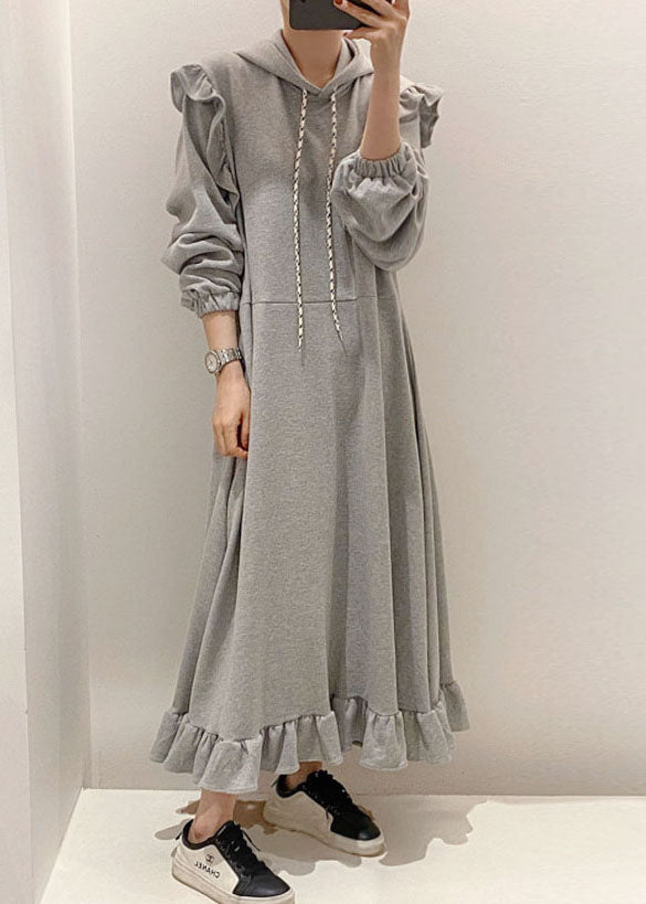 Modern Grey Hooded Ruffled Patchwork Cotton Dresses Spring LY1361