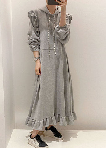 Modern Grey Hooded Ruffled Patchwork Cotton Dresses Spring LY1361