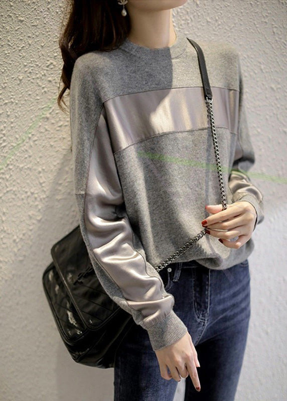 Modern Grey O-Neck Chiffo Patchwork Knit Pullover Long Sleeve LY0397