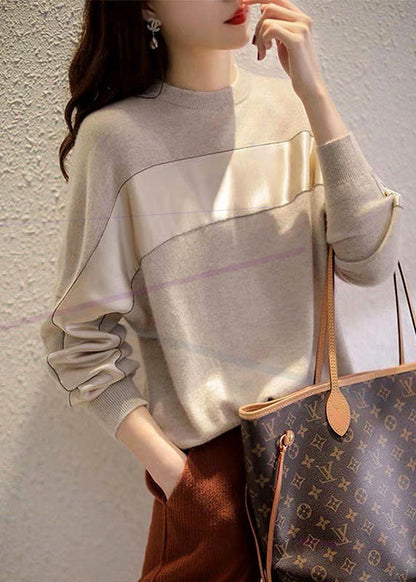 Modern Grey O-Neck Chiffo Patchwork Knit Pullover Long Sleeve LY0397