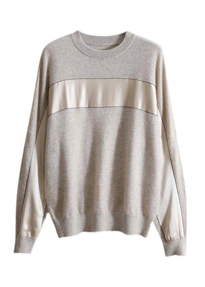 Modern Grey O-Neck Chiffo Patchwork Knit Pullover Long Sleeve LY0397