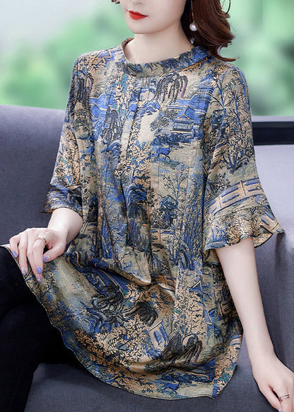 Modern Khaki O-Neck Oversized Print Silk Top Flare Sleeve LY0454