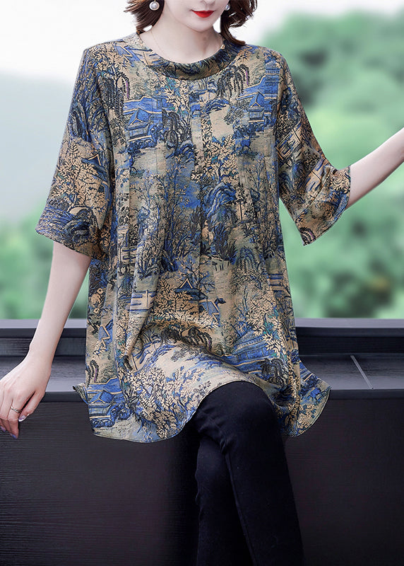 Modern Khaki O-Neck Oversized Print Silk Top Flare Sleeve LY0454