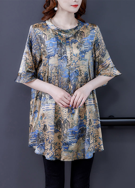 Modern Khaki O-Neck Oversized Print Silk Top Flare Sleeve LY0454