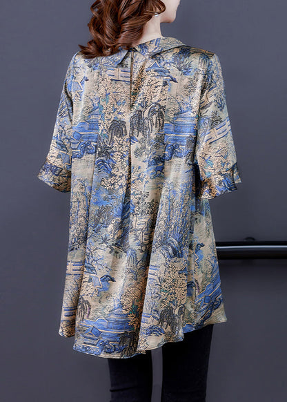 Modern Khaki O-Neck Oversized Print Silk Top Flare Sleeve LY0454