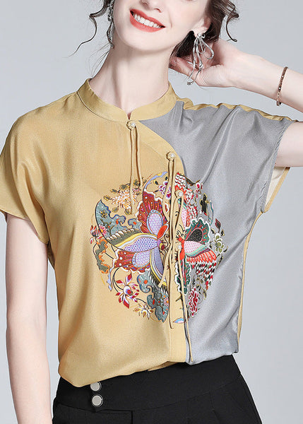 Modern Khaki Print Patchwork Button Silk Top Short Sleeve LY0975