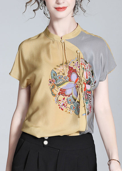 Modern Khaki Print Patchwork Button Silk Top Short Sleeve LY0975