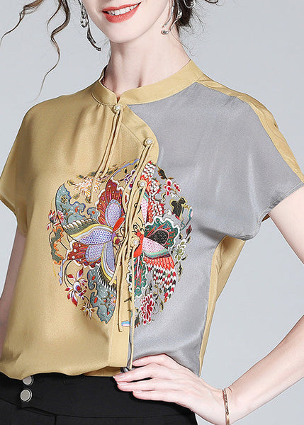 Modern Khaki Print Patchwork Button Silk Top Short Sleeve LY0975