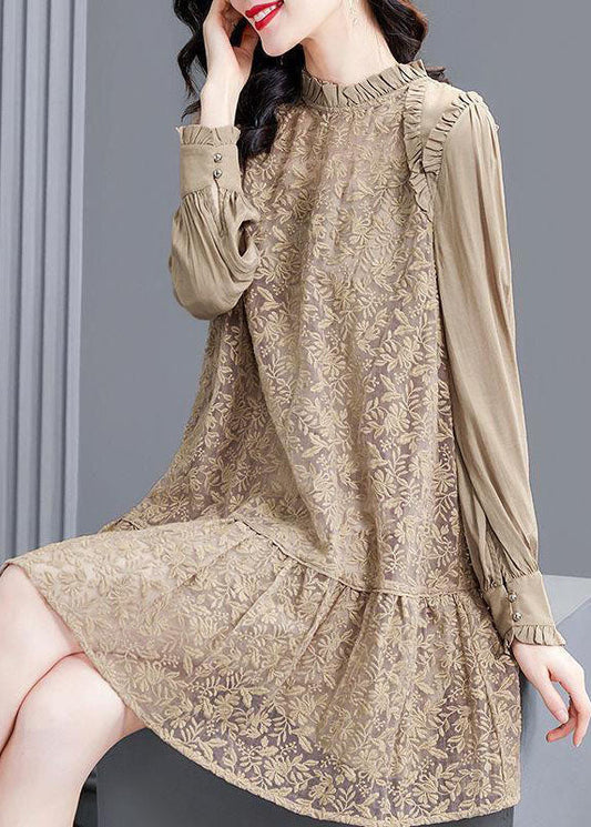 Modern Khaki Stand Collar Patchwork Wrinkled Lace Dress Spring FR2005