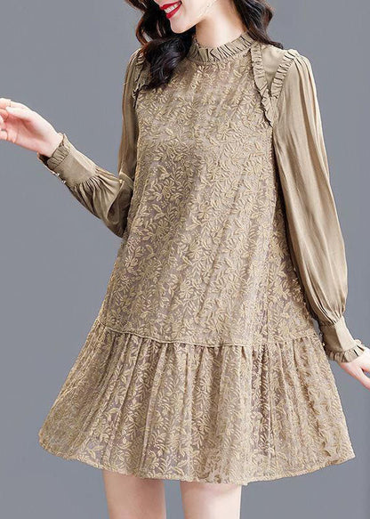 Modern Khaki Stand Collar Patchwork Wrinkled Lace Dress Spring FR2005