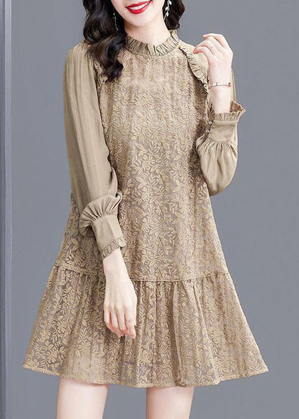 Modern Khaki Stand Collar Patchwork Wrinkled Lace Dress Spring FR2005