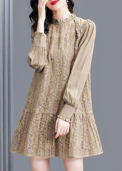 Modern Khaki Stand Collar Patchwork Wrinkled Lace Dress Spring FR2005