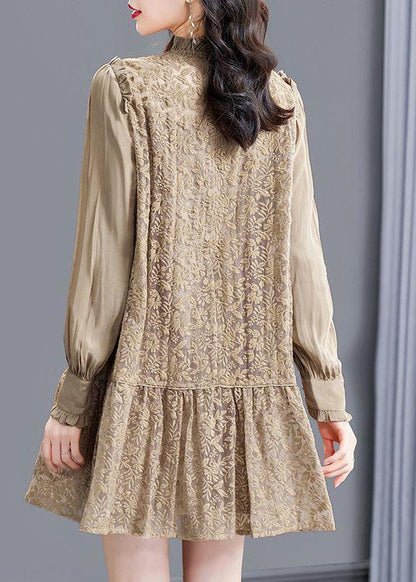 Modern Khaki Stand Collar Patchwork Wrinkled Lace Dress Spring FR2005