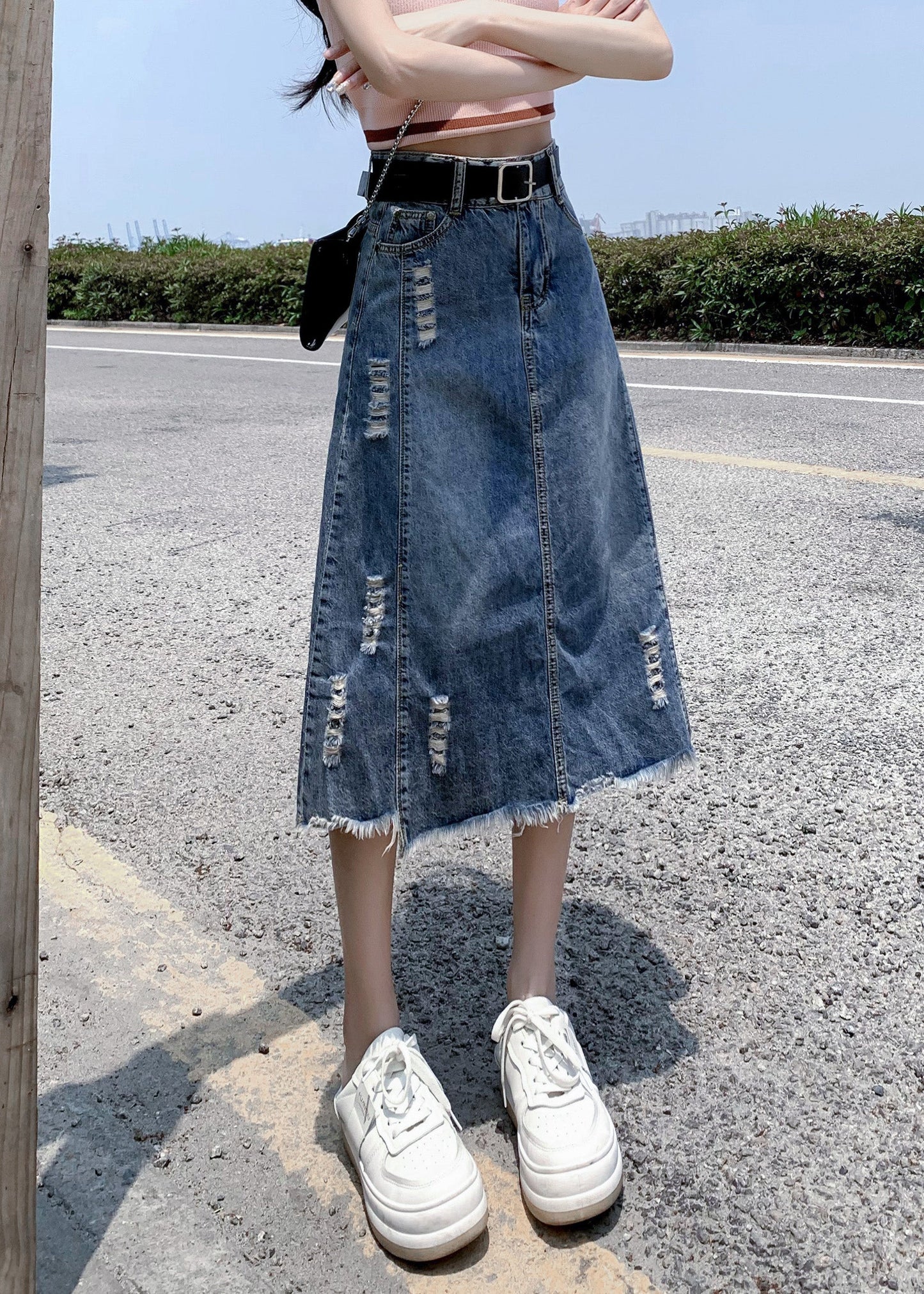 Modern Light Blue Patchwork Ripped A Line Denim Skirt TY1093