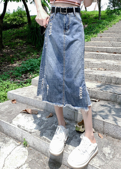 Modern Light Blue Patchwork Ripped A Line Denim Skirt TY1093