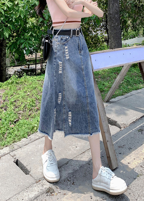 Modern Light Blue Patchwork Ripped A Line Denim Skirt TY1093