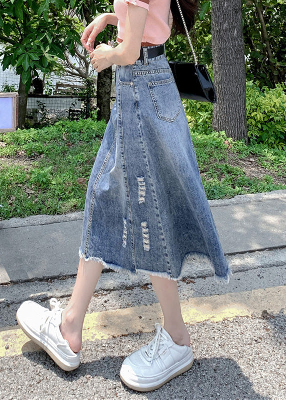 Modern Light Blue Patchwork Ripped A Line Denim Skirt TY1093