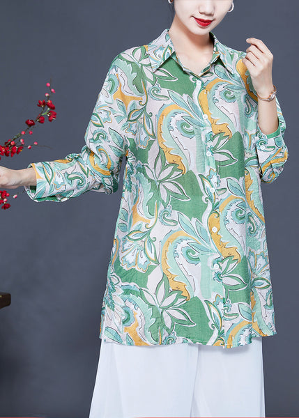 Modern Light Green Oversized Print Silk Shirt Tops Spring LY0924