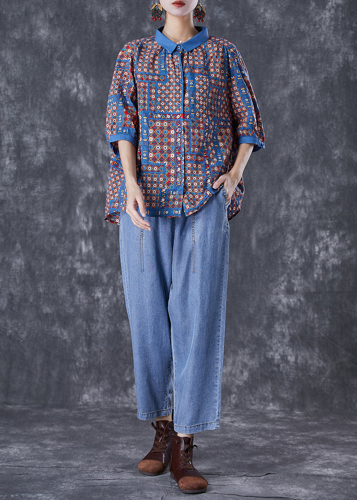 Modern Oversized Print Cotton Shirts And Denim Pants Two Pieces Set Summer TD1014