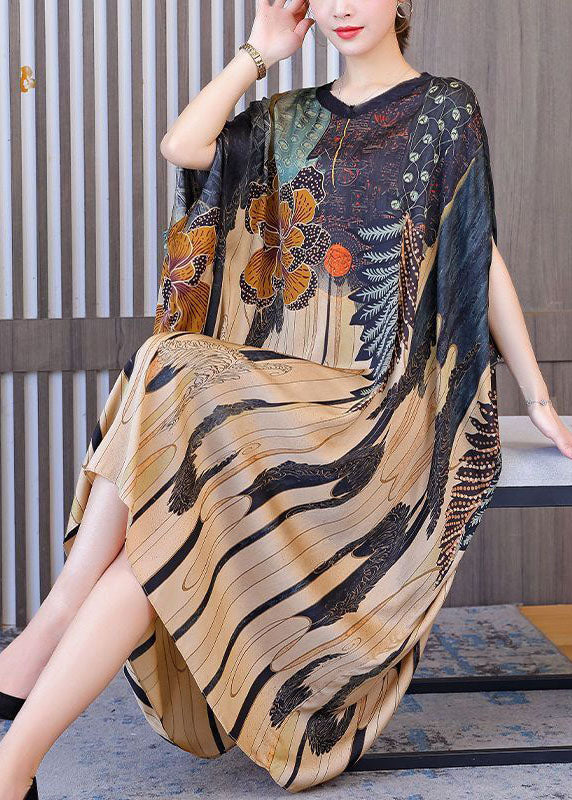 Modern Oversized Print Silk Holiday Dress Batwing Sleeve LC0205