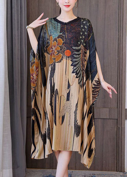 Modern Oversized Print Silk Holiday Dress Batwing Sleeve LC0205