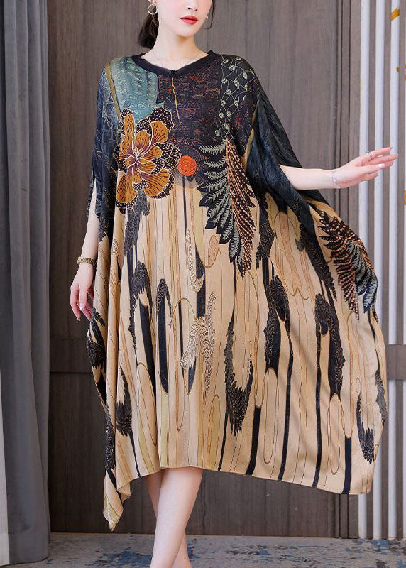 Modern Oversized Print Silk Holiday Dress Batwing Sleeve LC0205