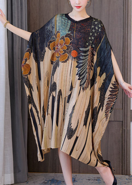 Modern Oversized Print Silk Holiday Dress Batwing Sleeve LC0205