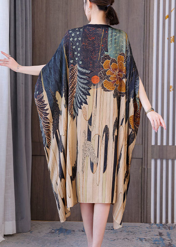 Modern Oversized Print Silk Holiday Dress Batwing Sleeve LC0205