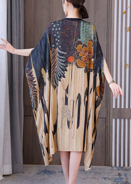 Modern Oversized Print Silk Holiday Dress Batwing Sleeve LY1730