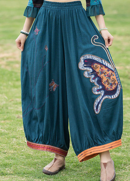 Modern Peacock Blue Patchwork Linen Wide Leg Pants TQ1036