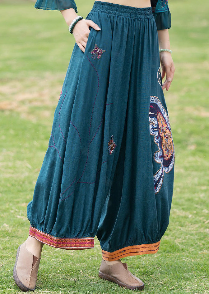 Modern Peacock Blue Patchwork Linen Wide Leg Pants TQ1036