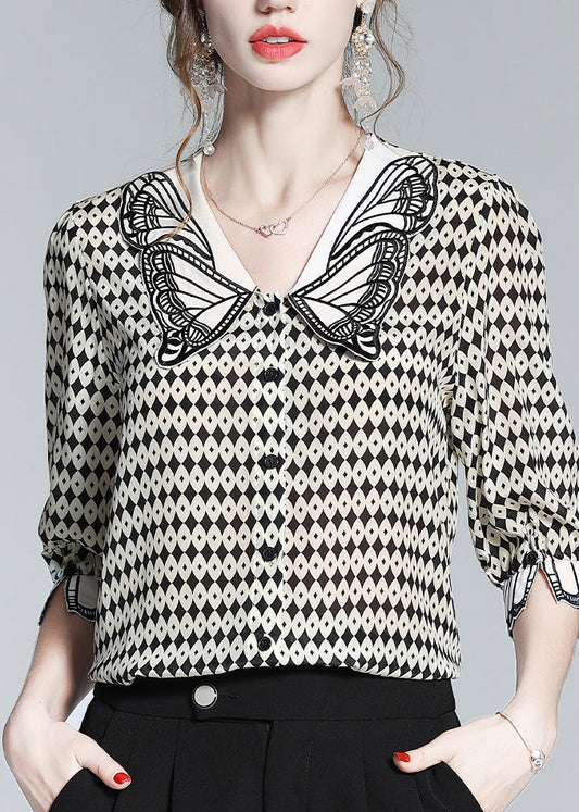 Modern Peter Pan Collar Print Silk Shirt Half Sleeve LY0130