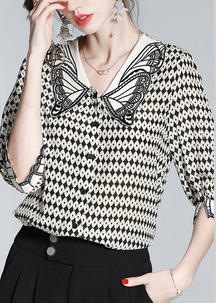 Modern Peter Pan Collar Print Silk Shirt Half Sleeve LY0130