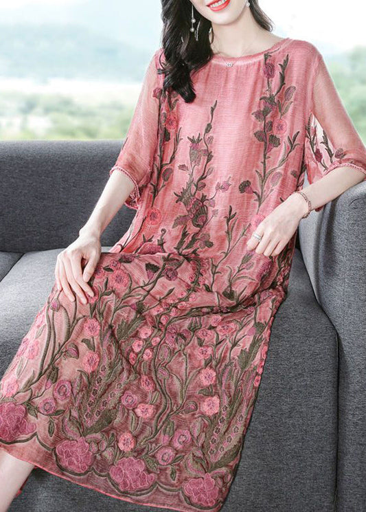 Modern Pink O-Neck Embroideried Silk A Line Dress Half Sleeve LY0677