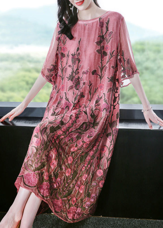 Modern Pink O-Neck Embroideried Silk A Line Dress Half Sleeve LY0677