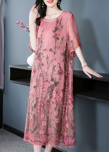 Modern Pink O-Neck Embroideried Silk A Line Dress Half Sleeve AC3050