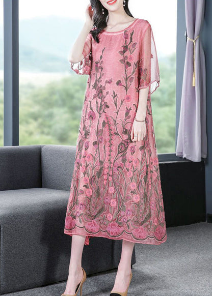 Modern Pink O-Neck Embroideried Silk A Line Dress Half Sleeve LY0677