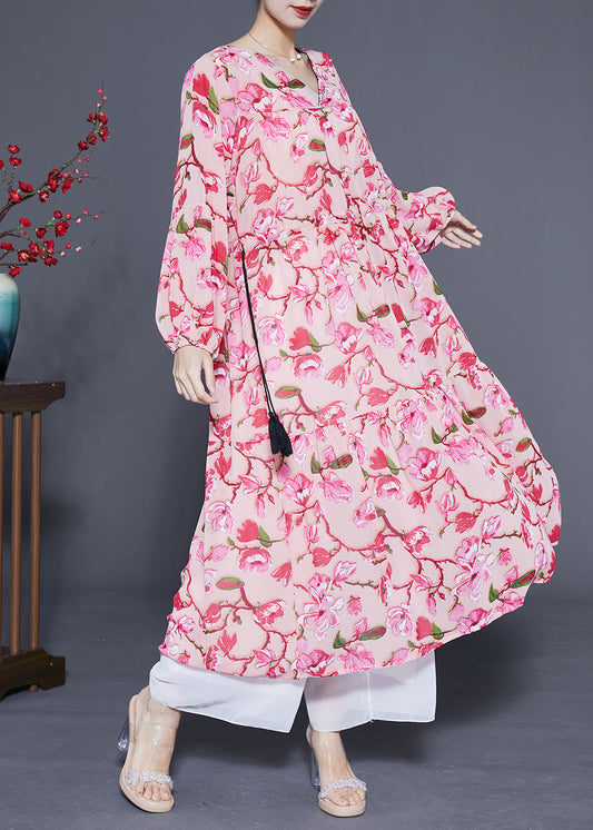 Modern Pink Print Drawstring Exra Large Hem Chiffon Long Dress Spring LC0426