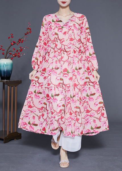 Modern Pink Print Drawstring Exra Large Hem Chiffon Long Dress Spring LC0426